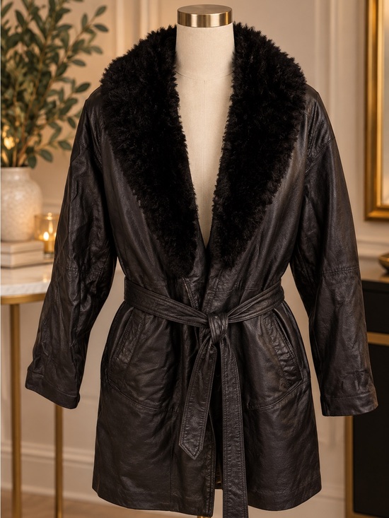 Pelle Jackets & Blazers - Vintage- Pelle Black Leather Jacket with Real Fur Collar